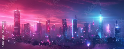 A futuristic city skyline with neon lights. Realistic. © Innovator587