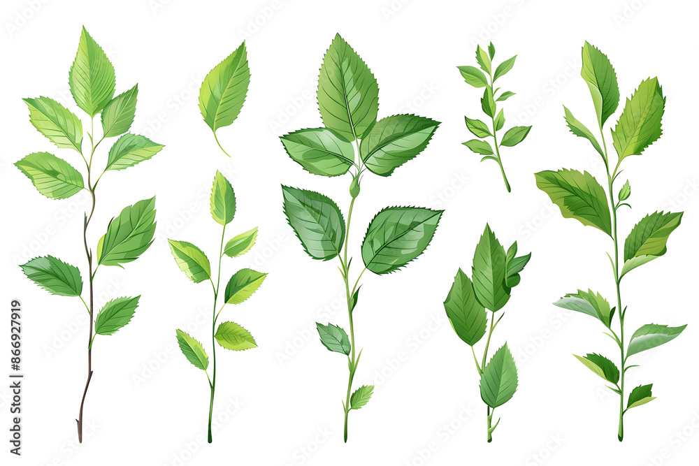 Rose leaf isolated, Set Cutout twig with green leaves,Nature element for banner or card decoration Rose leaf isolated, Set Cutout twig with green leaves,Nature element for banner or card decoration
