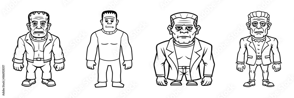 Set of Black outlines of Frankenstein monsters isolated on a white background. Concept of Halloween, horror character, comic style, spooky creature. Print, icon, design element Set of Black outlines of Frankenstein monsters isolated on a white background. Concept of Halloween, horror character, comic style, spooky creature. Print, icon, design element