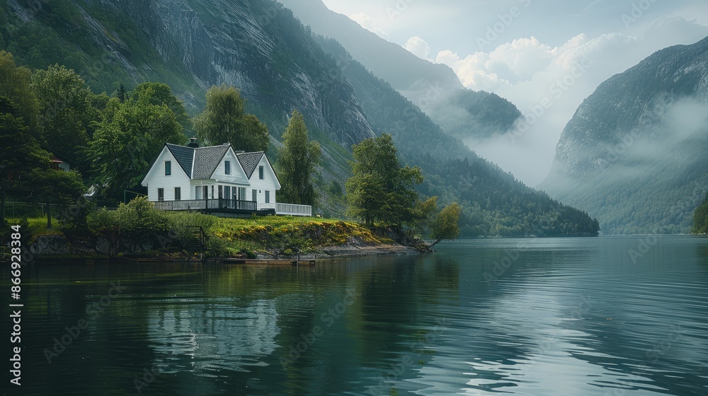 A white house on the side of a river, surrounded by greenery and mountains. Generative AI. A white house on the side of a river, surrounded by greenery and mountains. Generative AI.