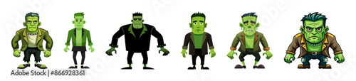 Set of Green Frankenstein monsters isolated on a white background. Concept of Halloween, horror character, comic style, spooky creature. Print, icon, design element
