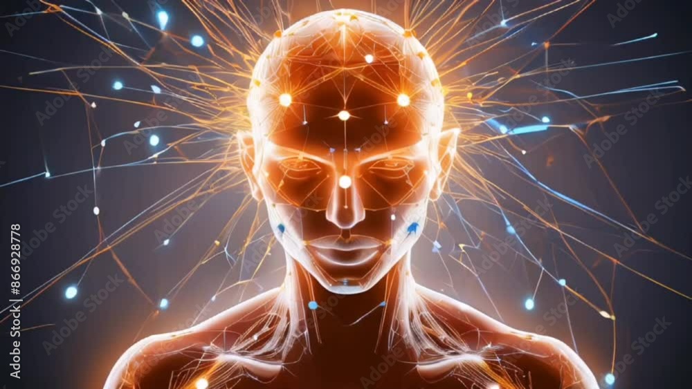 Human Neural Network Visualization with Glowing Connections and Nodes