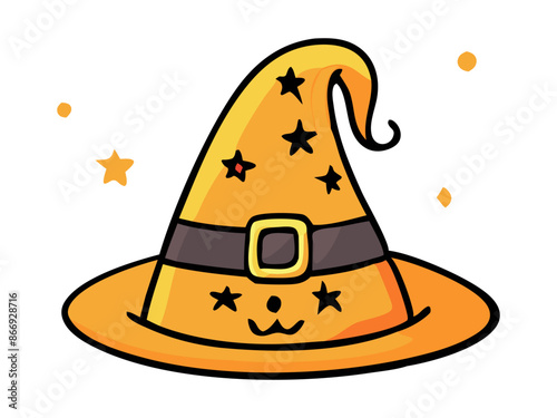 Witch hat isolated on a white background. Wizard pointed hat. Concept of Halloween accessory, festive gear, whimsical costume element, magical attire. Print, design element.