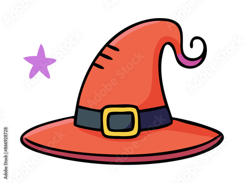 Witch hat isolated on a white background. Wizard pointed hat. Concept of Halloween accessory, festive gear, whimsical costume element, magical attire. Print, design element.