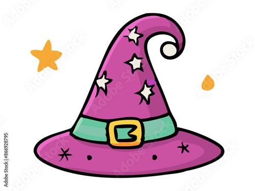 Witch hat isolated on a white background. Wizard pointed hat. Concept of Halloween accessory, festive gear, whimsical costume element, magical attire. Print, design element.