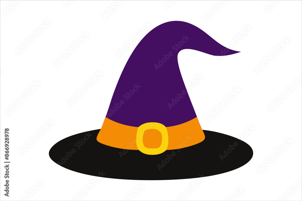 Fototapeta premium Purple witch hat isolated on a white background. Wizard pointed hat. Concept of Halloween, festive icon, minimalist style, magic accessory. Print, icon, design element.