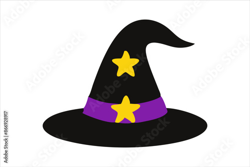 Black witch hat isolated on a white background. Wizard pointed hat. Concept of Halloween, festive icon, minimalist style, magic accessory. Print, icon, design element.