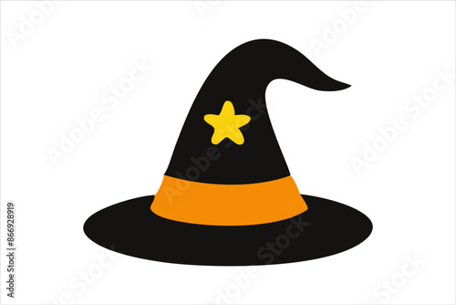 Black witch hat isolated on a white background. Wizard pointed hat. Concept of Halloween, festive icon, minimalist style, magic accessory. Print, icon, design element.