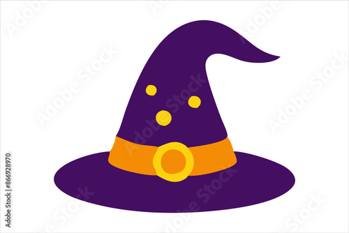 Purple witch hat isolated on a white background. Wizard pointed hat. Concept of Halloween, festive icon, minimalist style, magic accessory. Print, icon, design element.