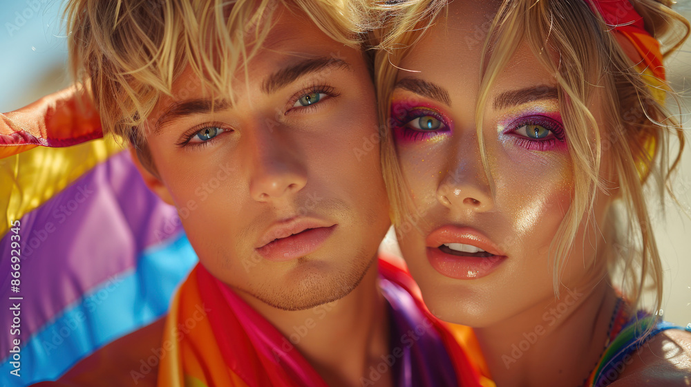 Fototapeta premium Young people bright make up standing next to each other smiling. One has iridescent paint on face