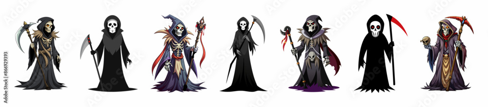 Fototapeta premium Set of Grim Reapers isolated on a white background. Concept of death, spooky figure, minimalist style, Halloween. Print, digital art, illustration, design element