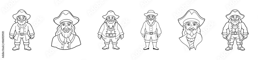 Set of Black outlines of cartoon pirates standing isolated on a white background. Concept of pirate, Halloween, seafaring character, adventurous figure, kids illustration. Print, design element Set of Black outlines of cartoon pirates standing isolated on a white background. Concept of pirate, Halloween, seafaring character, adventurous figure, kids illustration. Print, design element