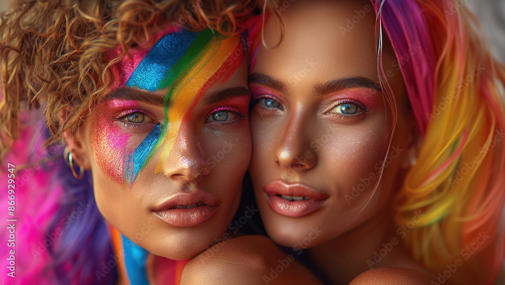 Obraz premium Young people bright make up standing next to each other smiling. One has iridescent paint on face