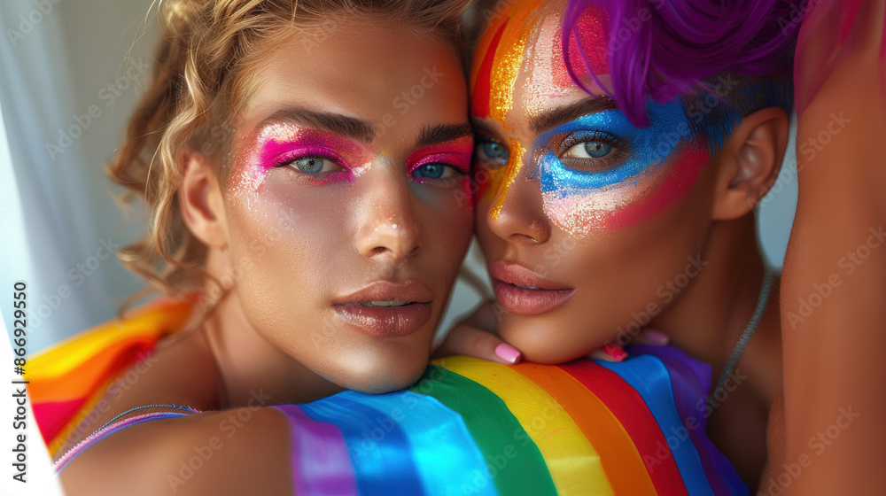 Fototapeta premium Young people bright make up standing next to each other smiling. One has iridescent paint on face