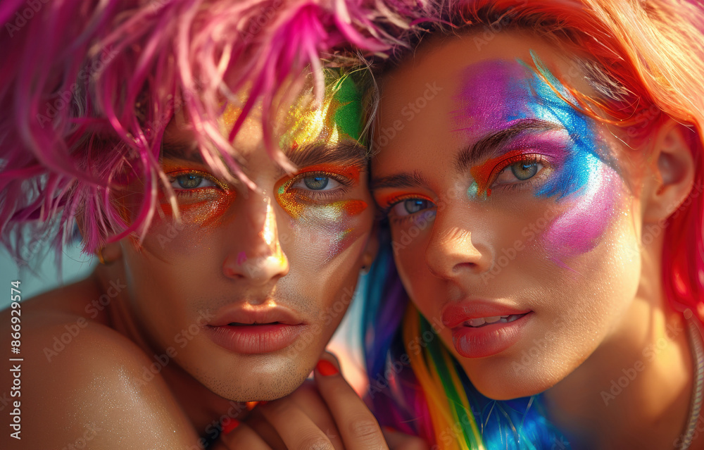 Obraz premium Young people bright make up standing next to each other smiling. One has iridescent paint on face