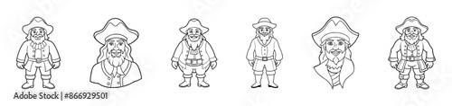 Set of Black outlines of cartoon pirates standing isolated on a white background. Concept of pirate, Halloween, seafaring character, adventurous figure, kids illustration. Print, design element