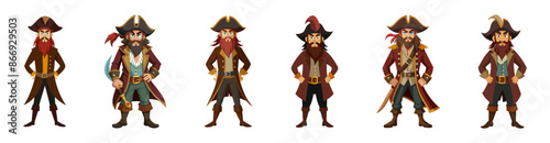 Set of Cartoon pirates standing isolated on a white background. Concept of pirate, Halloween, seafaring character, adventurous figure, kids illustration. Print, design element, graphic art