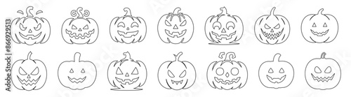 Set of black outlines of Halloween pumpkins isolated on white background. Clip art of Jack-o-lanterns. Concept of Halloween, festive decor, spooky symbol. Icon, print, design elements, coloring page