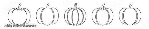 Set of Black pumpkin outlines isolated on white background. Icon, logo, sign, pictogram. Concept of minimalist Halloween decor, seasonal graphic design, farming, harvest. Design elements
