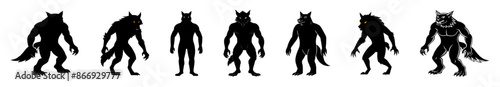 Set of Black silhouettes of cartoon werewolves isolated on a white background. Concept of Halloween character, mythical creature, monster, horror, fantasy, nightmare. Print, design element