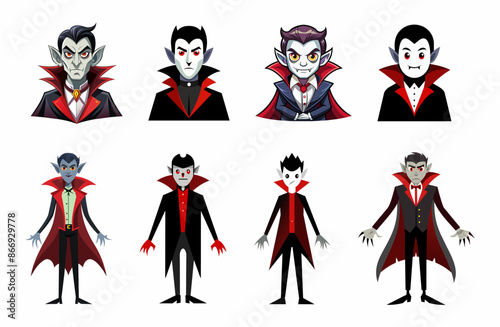 Set of cartoon vampires with red capes and fangs, isolated on a white background. Halloween characters in Dracula costumes. Concepts: spooky, horror. Print, design elements, clip art