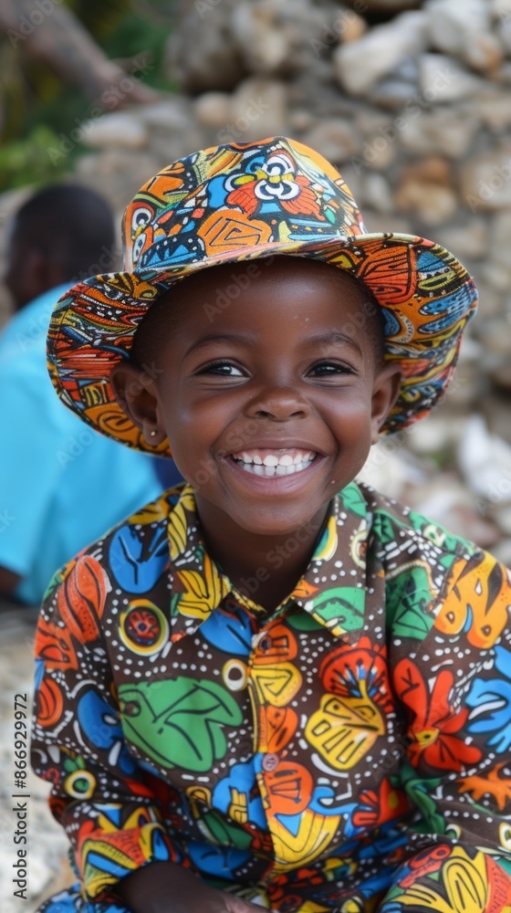 Fototapeta premium Jamaican child with a colorful outfit, laughing
