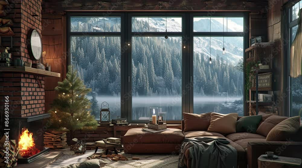 Room with sofa and window by lake on overcast day. Cozy interior with a view of tranquil waters under cloudy skies.
 Seamless looping 4k time-lapse virtual video animation background. Generated AI