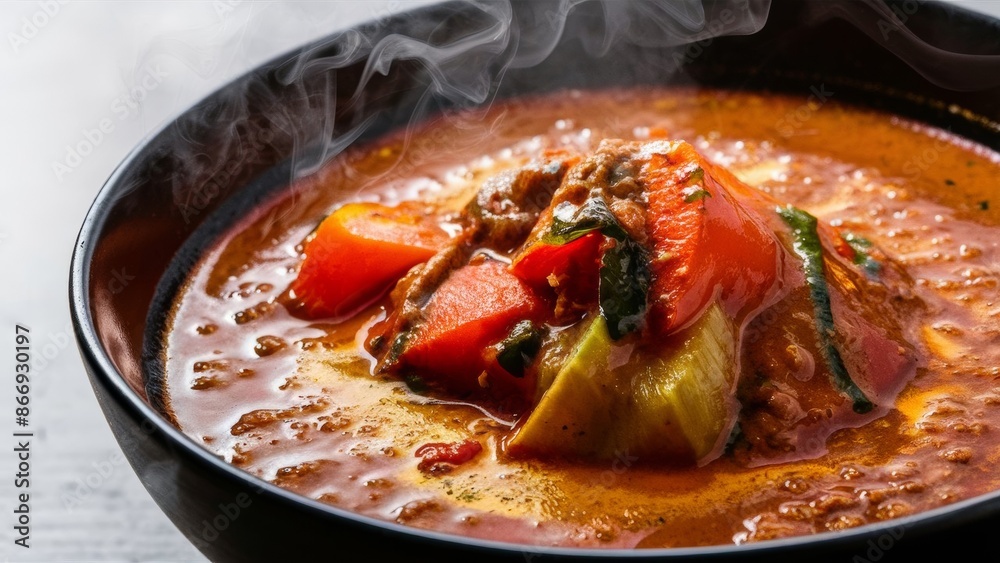 A bowl of steaming curry. The bright colors of the dish are perfectly conveyed thanks to the rich red and orange shades of spices and vegetables. A bowl of steaming curry. The bright colors of the dish are perfectly conveyed thanks to the rich red and orange shades of spices and vegetables.