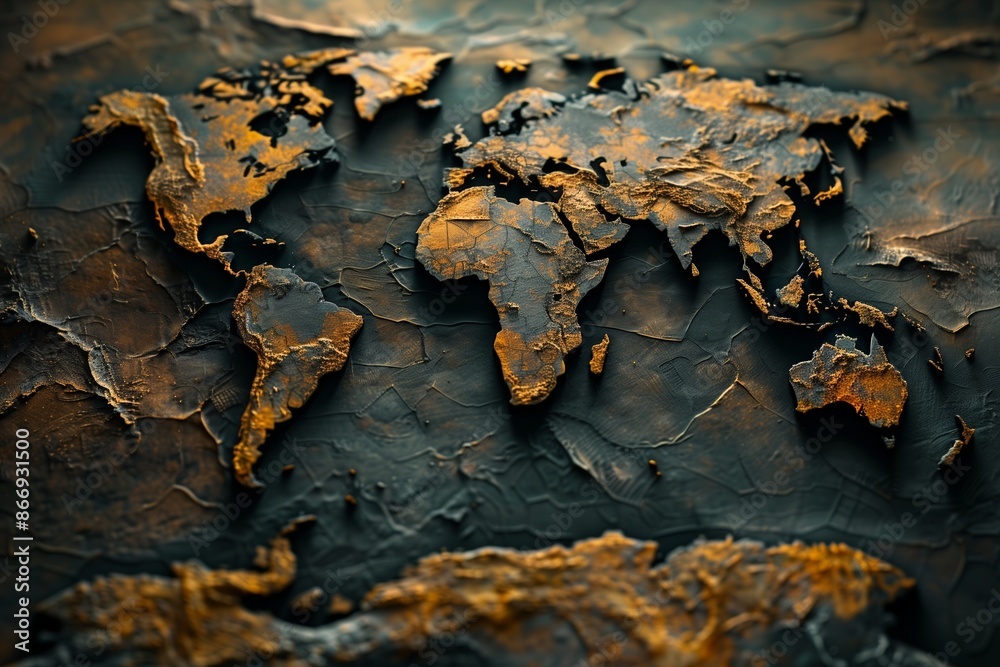 A Detailed World Map in Gold and Black Tones A Detailed World Map in Gold and Black Tones