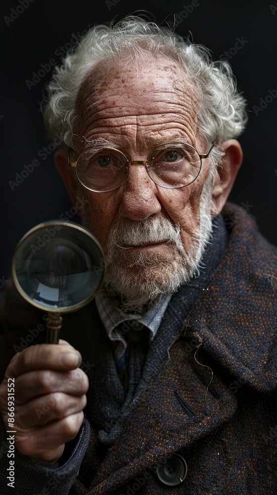 Swedish elderly man with a magnifying glass, looking inquisitive Swedish elderly man with a magnifying glass, looking inquisitive