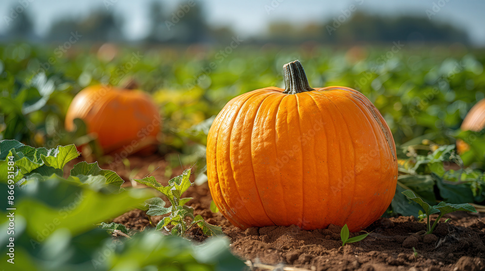 Close up single large pumpkin in pumpkin field, surrounded by green plants and other pumpkins Close up single large pumpkin in pumpkin field, surrounded by green plants and other pumpkins