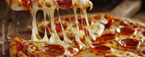 Pepperoni pizza with melted cheese being pulled with a slice