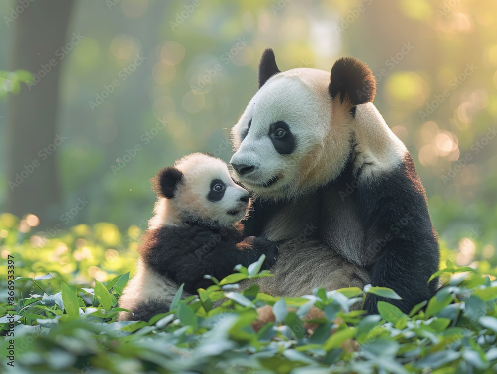 A mother panda and her cub in the lush greenery of a forest, their black-and-white fur contrasting with vibrant foliage under soft sunlight.Perfect for wallpapers, art prints A mother panda and her cub in the lush greenery of a forest, their black-and-white fur contrasting with vibrant foliage under soft sunlight.Perfect for wallpapers, art prints