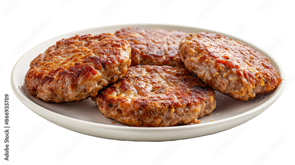 Grilled burger patties on plate transparent background Grilled burger patties on plate transparent background