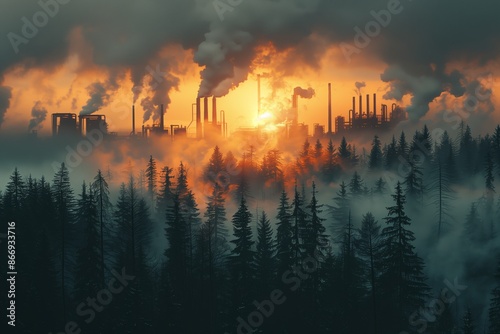 Environmental Impact: Double Exposure of Factory Smoke and Pine Forest Illustrating Global Warming and Climate Change