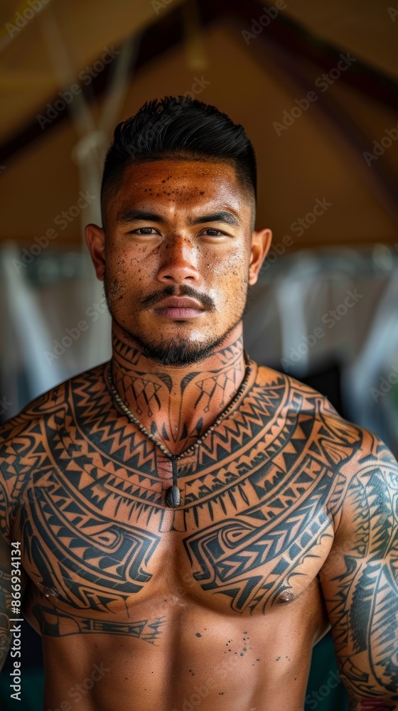 Samoan man with a traditional tattoo, looking strong Samoan man with a traditional tattoo, looking strong