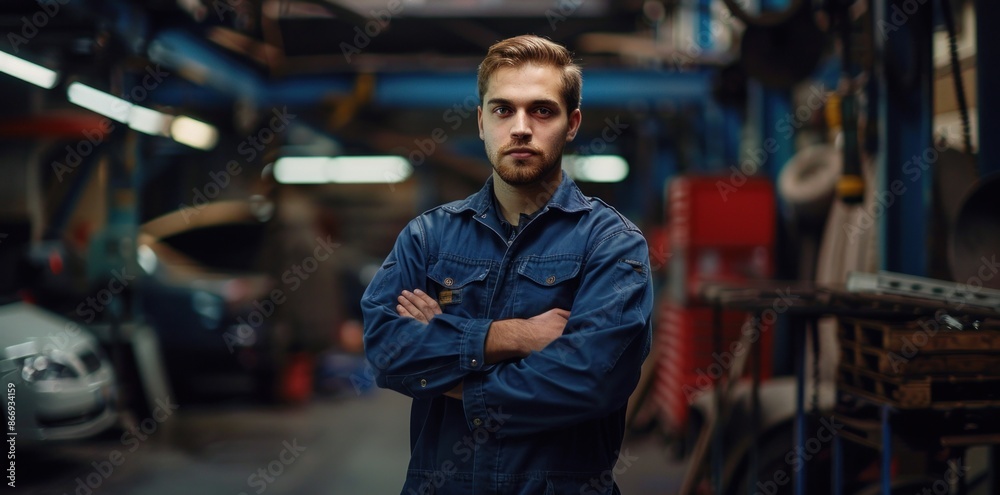 A man in a blue jacket stands in a garage. Confident mechanic in blue uniform standing in auto repair shop. Concept Automotive, Mechanic, Confidence, Workshop, Blue Uniform A man in a blue jacket stands in a garage. Confident mechanic in blue uniform standing in auto repair shop. Concept Automotive, Mechanic, Confidence, Workshop, Blue Uniform