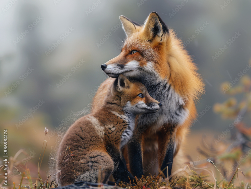 A mother fox with her baby fox, showcasing her love and care in the wild. Beautiful picture for mothers day greeting card, prints, wallpapers A mother fox with her baby fox, showcasing her love and care in the wild. Beautiful picture for mothers day greeting card, prints, wallpapers