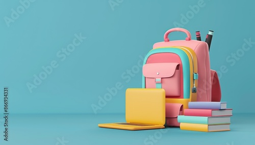 Colorful Backpack, Laptop, and Books on Blue Background