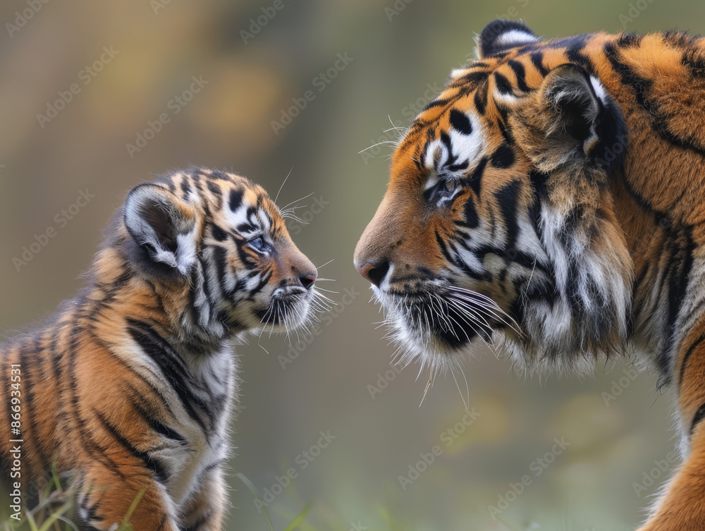 Fototapeta premium A beautiful tiger and her cub walking in the savannah during golden hour lighting. Perfect for greeting cards, wallpapers, prints