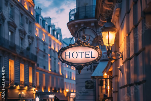 Fototapeta Naklejka Na Ścianę i Meble -  Illuminated Parisian hotel sign taken at dusk