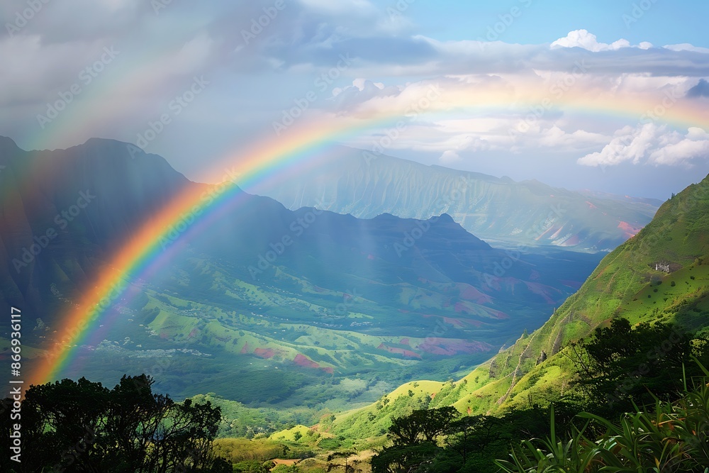 A hidden valley with a rainbow stretching across the sky A hidden valley with a rainbow stretching across the sky
