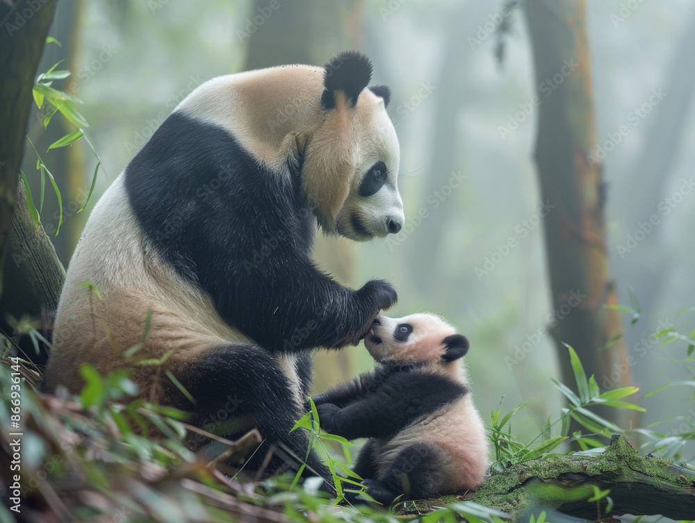 Obraz premium A mother panda and her cub in the lush greenery of a forest, their black-and-white fur contrasting with vibrant foliage under soft sunlight.Perfect for wallpapers, art prints