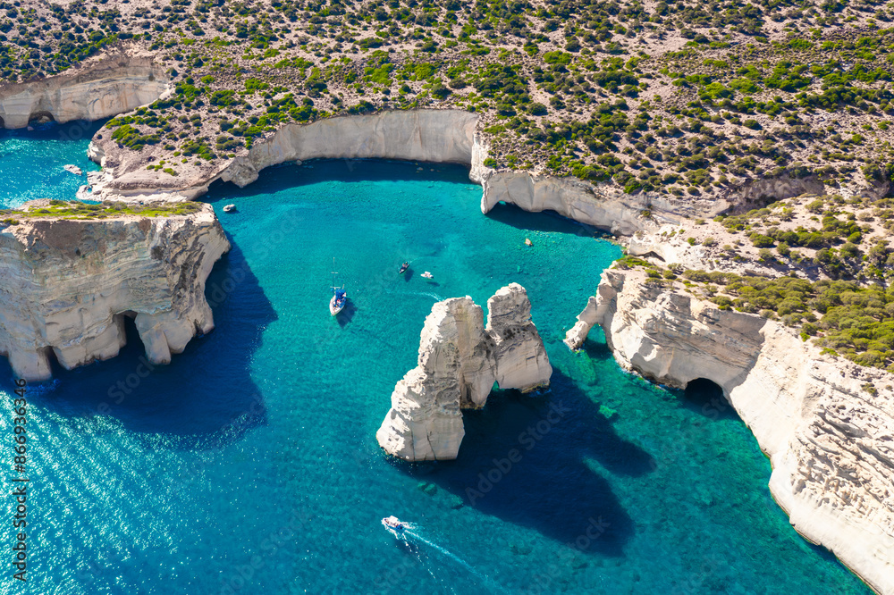 Obraz premium Panoramic view of Kleftiko Bay, Milos island, Cyclades, Greece