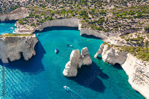 Panoramic view of Kleftiko Bay, Milos island, Cyclades, Greece