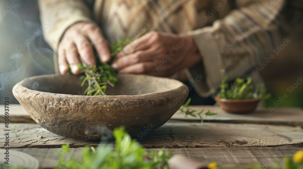 Hands gently placing fresh herbs into a rustic, hand carved bowl, smoke curling from the bowl, suggesting a traditional preparation for a ritual or ceremony Hands gently placing fresh herbs into a rustic, hand carved bowl, smoke curling from the bowl, suggesting a traditional preparation for a ritual or ceremony
