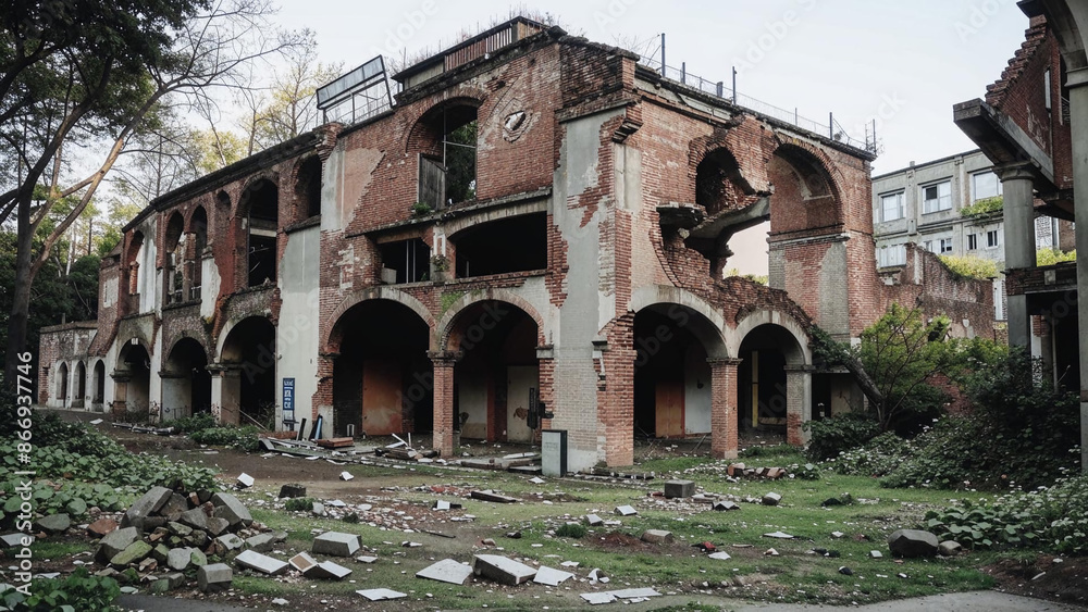 Obraz premium arafed building with a lot of rubble and debris on the ground