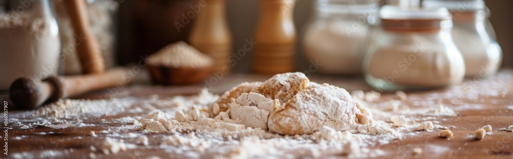 Homemade bread dough with flour on wooden table