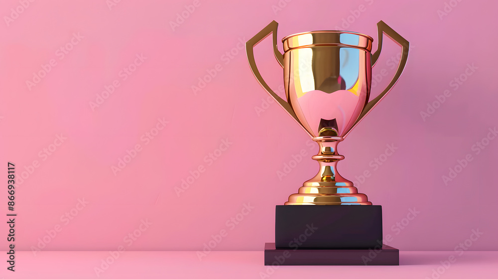Winner, Golden Cup. A shiny golden trophy sits on a black base in front of a light pink background Winner, Golden Cup. A shiny golden trophy sits on a black base in front of a light pink background