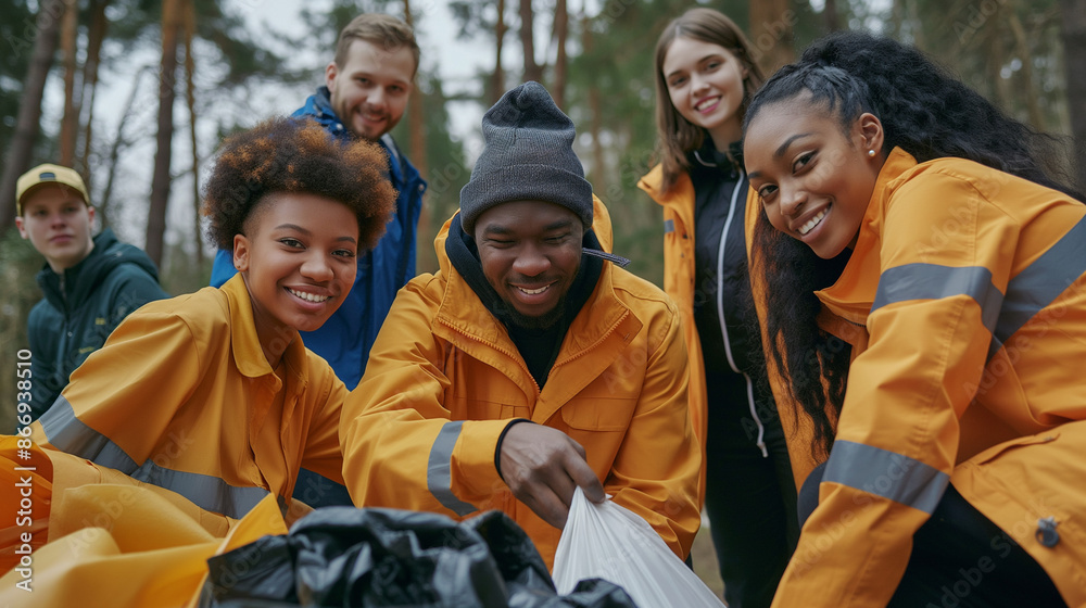Obraz premium Team of young and diversity volunteer worker group enjoy charitable social work outdoor in cleaning up garbage and waste separation project